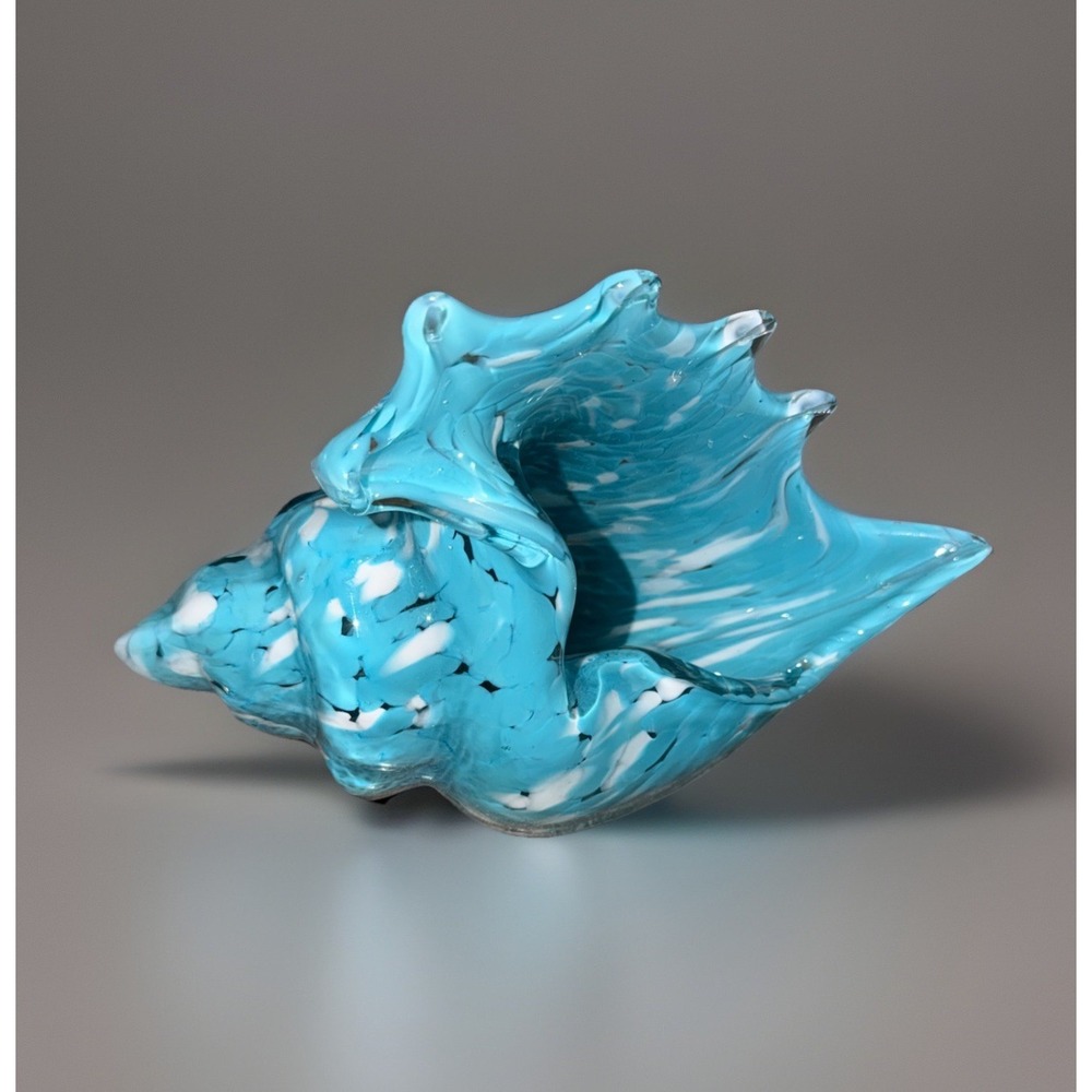 Hand-blown Art Glass Murano Style Blue Teal Swirl Seashell Conch Sculpture Beach